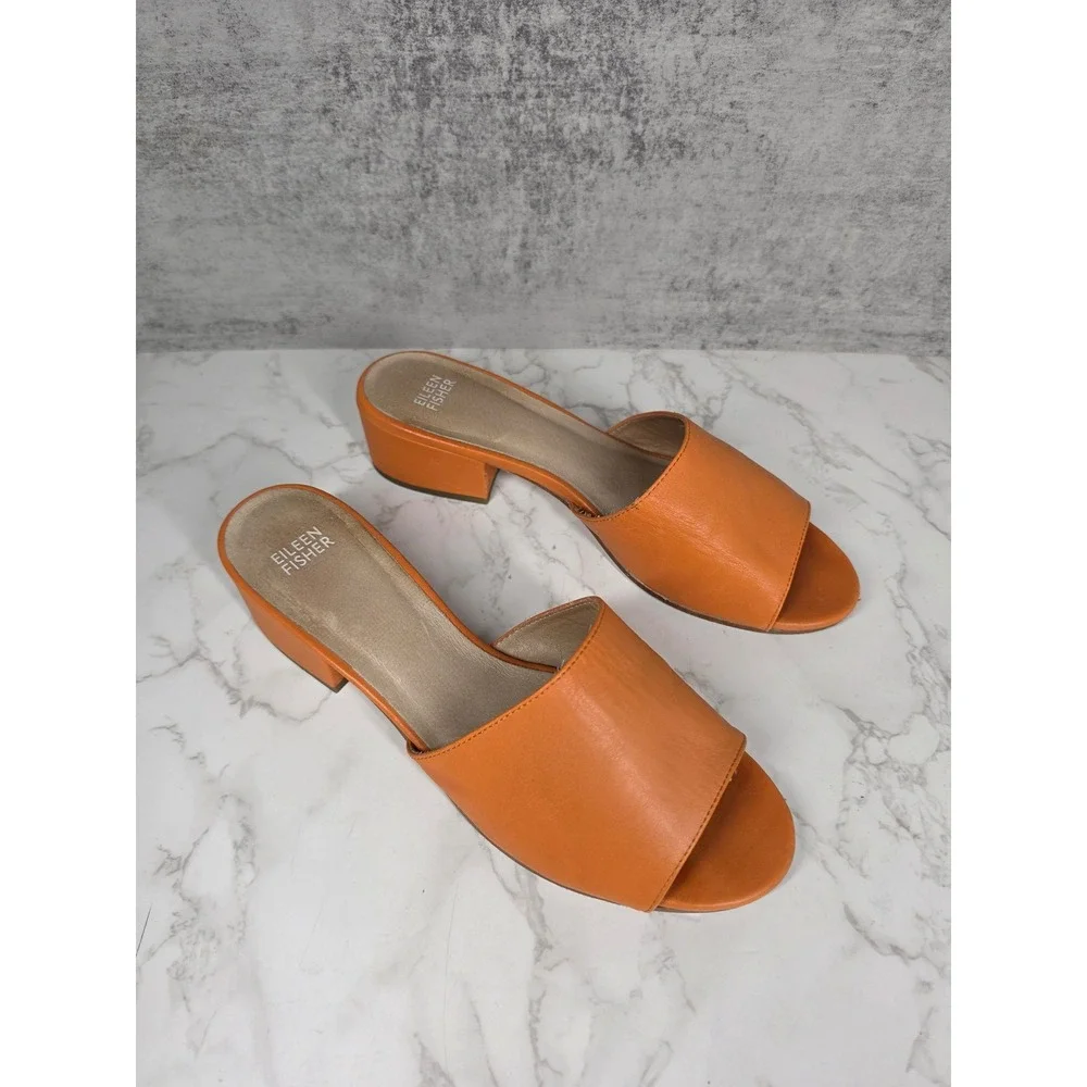 Eileen Fisher Womens Orange Leather Block Heel Slide Sandals 9.5 Chic Minimalist